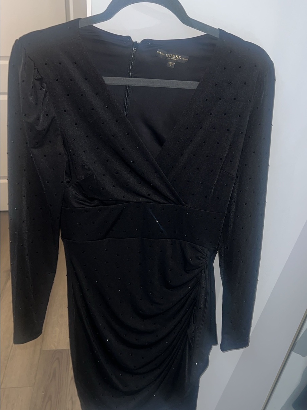 GUESS Black Long-Sleeve Wrap-Style Ruched Dress